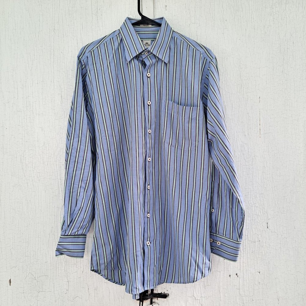 Peter Millar Blue Green Striped Button Down 100% Cotton Medium Long Sleeve Shirt